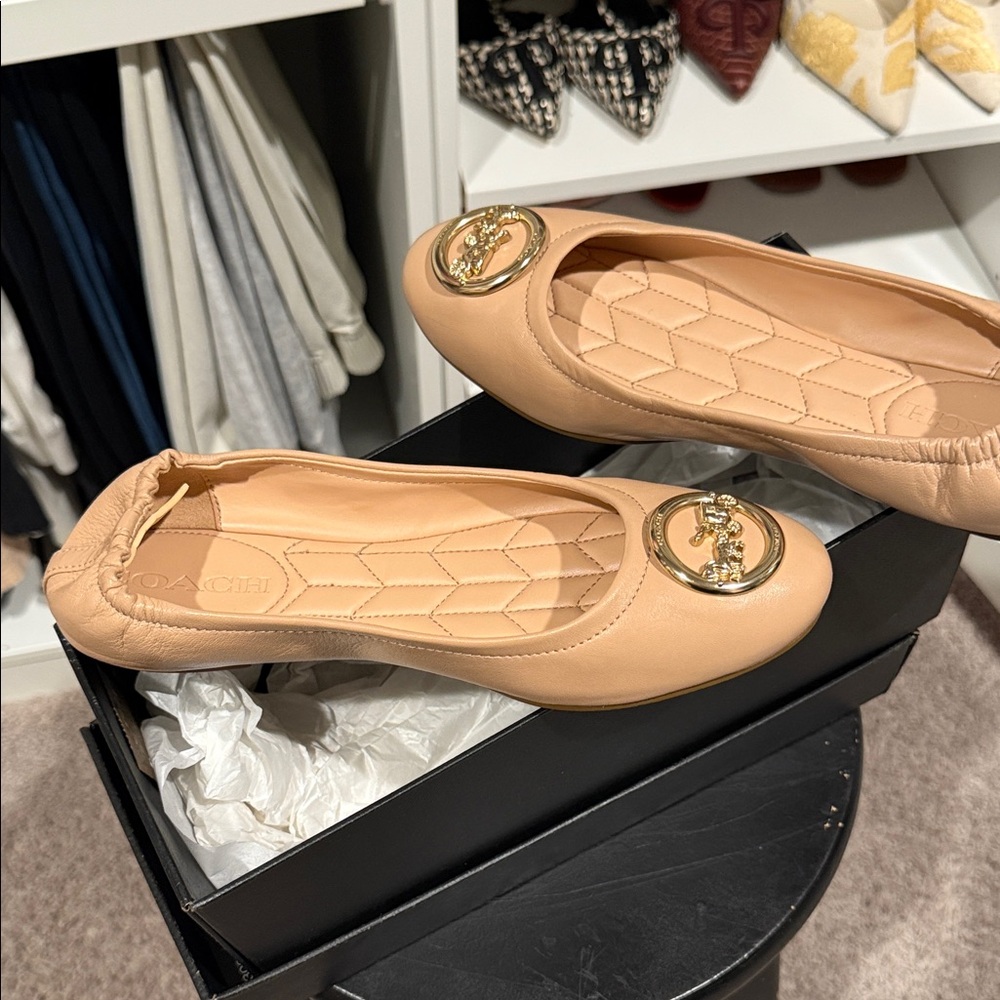 Coach Tan Flats with Gold Emblem
